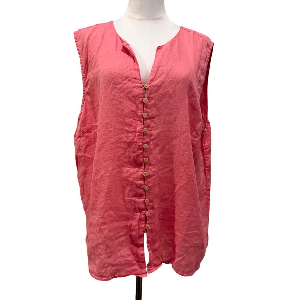 Avenue 100% Linen Coral Pink Button Front Tunic Top Plus Size 22/24 Coastal Chic